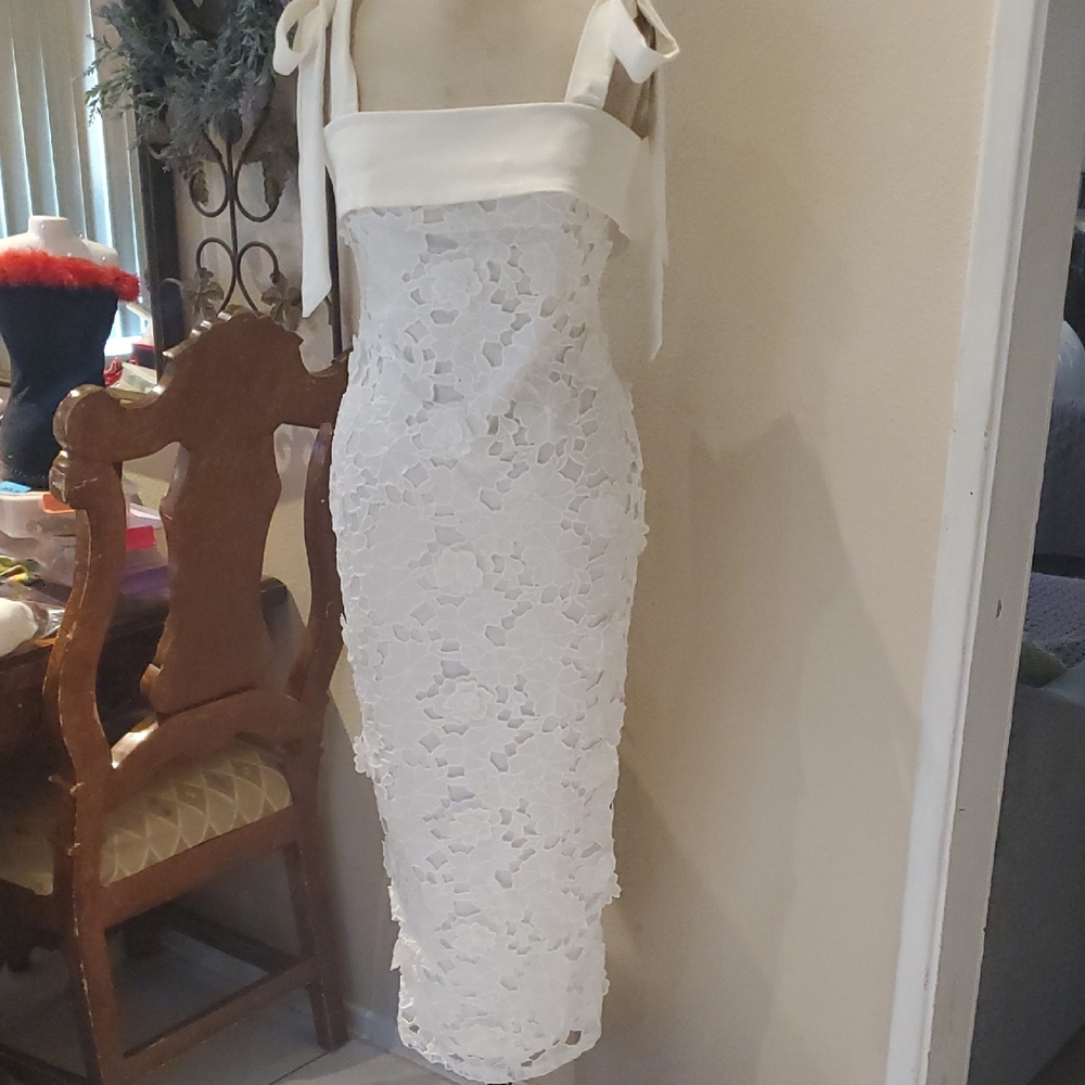 Petal & Pup White Lace Midi Dress with Bow Straps